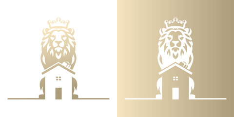 Frontal lion logo with house in negative space. Powerful real estate symbol with paw on roof.