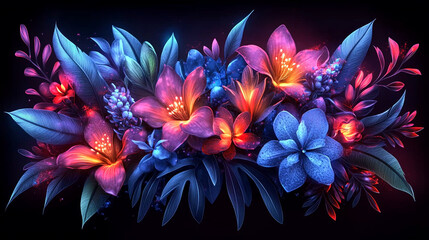Vibrant glowing flowers and leaves in vibrant neon colors on a dark background.
