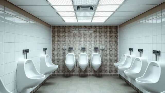 Row of white ceramic urinals in a public toilet. Clean restroom interior and hygiene concept