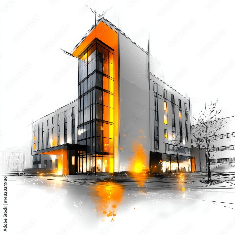 Aufkleber architectural sketch: modern building design with bold orange accents and artistic rendering details