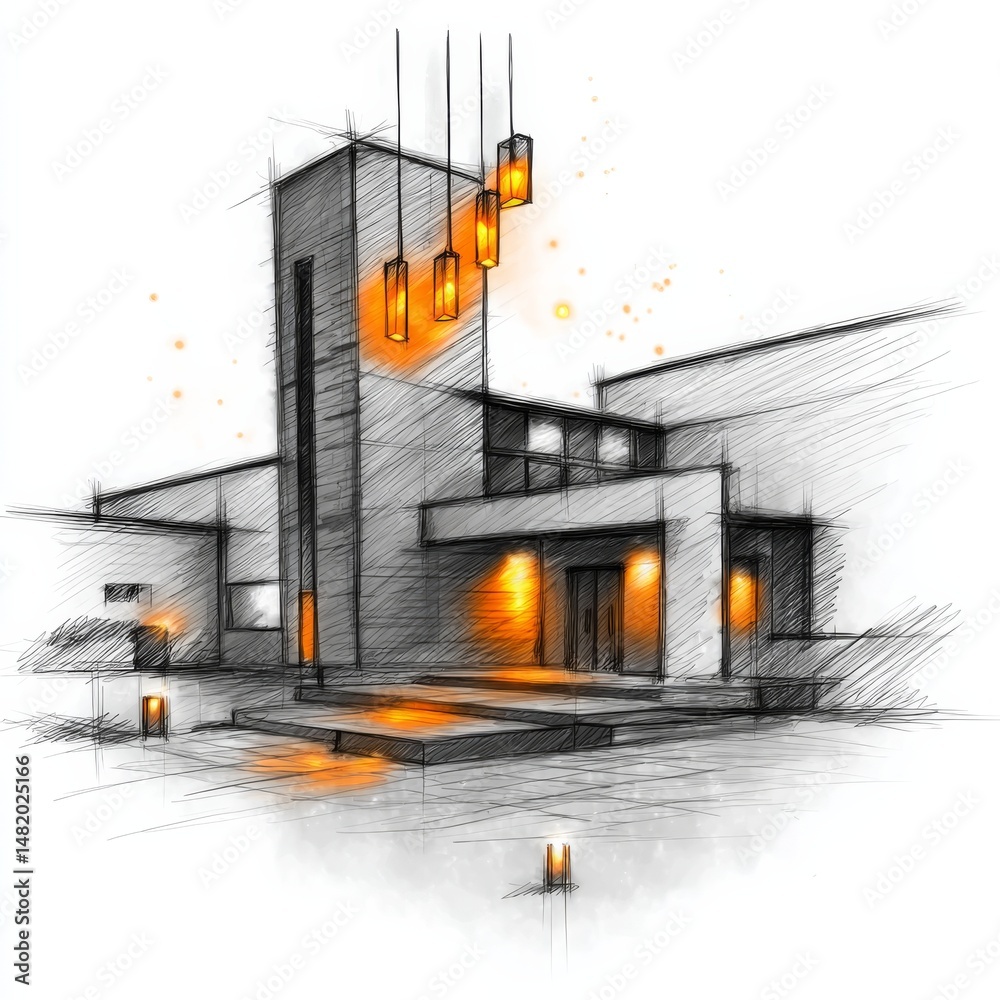 Leinwandbilder architectural sketch of a modern building with illuminated lanterns and a contemporary design