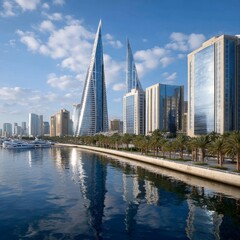 Obraz premium Bahrain's Modern Skyline Reflecting in Calm Waters: A Stunning Urban Landscape with Palm Trees and Yachts on a Sunny Day