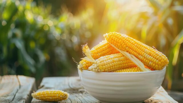 corn in a white bowl on a wooden table. Selective focus