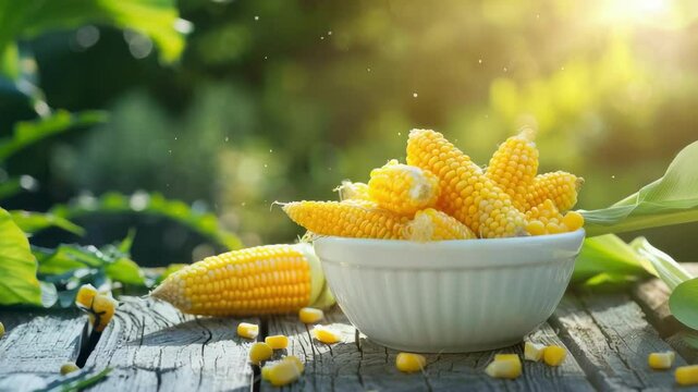 corn in a white bowl on a wooden table. Selective focus