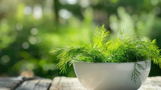 fresh dill in a white bowl on a wooden table. Selective focus