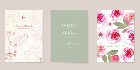 Plakat Elegant wedding invitation card background vector. Minimal hand painted watercolor botanical flowers texture template background. Design illustration for wedding, vip cover, poster, rsvp modern card.