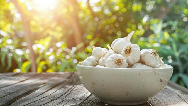 garlic in a white bowl on a wooden table. Selective focus