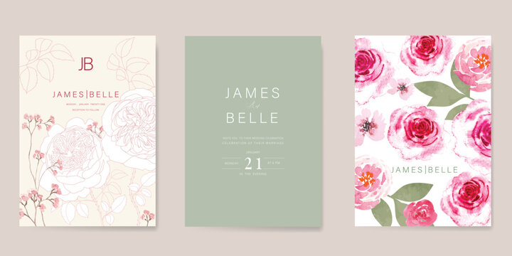 Elegant wedding invitation card background vector. Minimal hand painted watercolor botanical flowers texture template background. Design illustration for wedding, vip cover, poster, rsvp modern card.