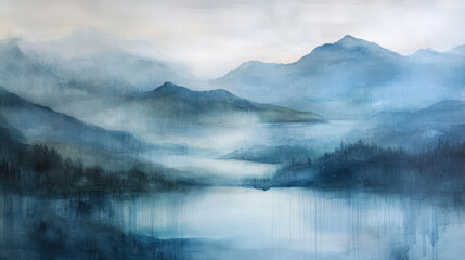 abstract Chinese traditional ink painting of a beautiful mountain landscape with clouds.