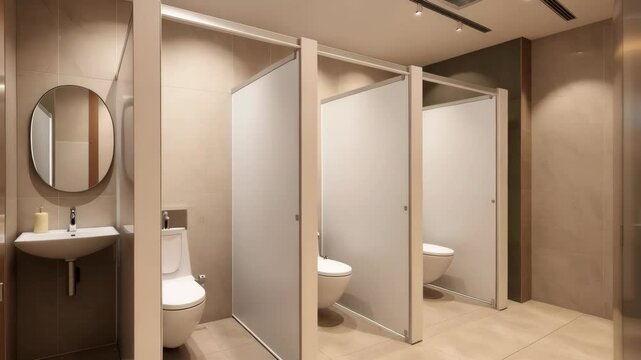 interior of public toilet with cubicles