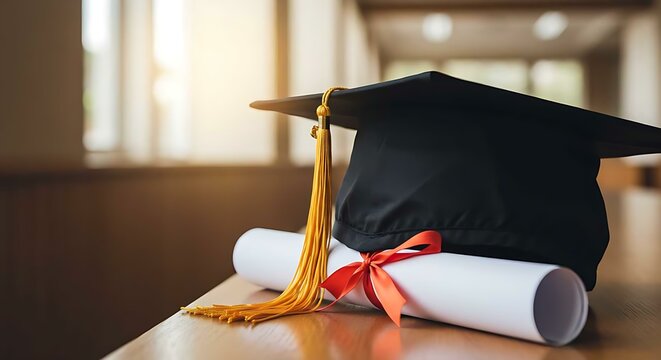 Graduation cap and diploma scroll with red ribbon on a wooden table, concept for high school or university student future plan after diploma completion and celebration.
