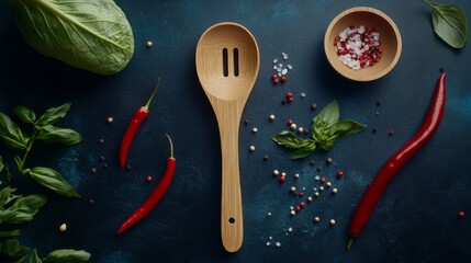 cooking utensils and vegetables on a dark blue table