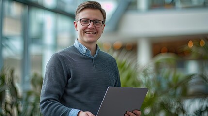 Portrait of a smiling man with glasses holding a laptop in a bright and modern office setting indoors