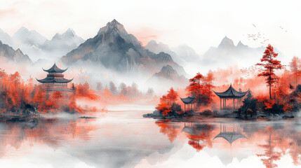 abstract Chinese traditional painting of a beautiful mountain landscape, idea of oriental greetings card background.