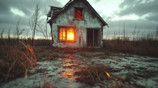 A solitary house in a barren landscape, with a glowing window breaking the silence of the night.