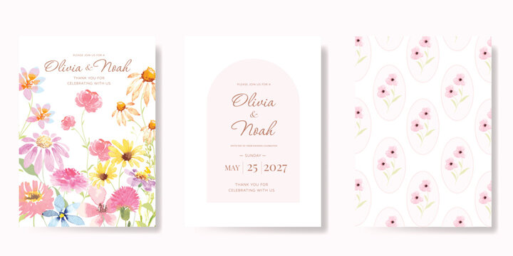 Elegant wedding invitation card background vector. Minimal hand painted watercolor botanical flowers texture template background. Design illustration for wedding, vip cover, poster, rsvp modern card.