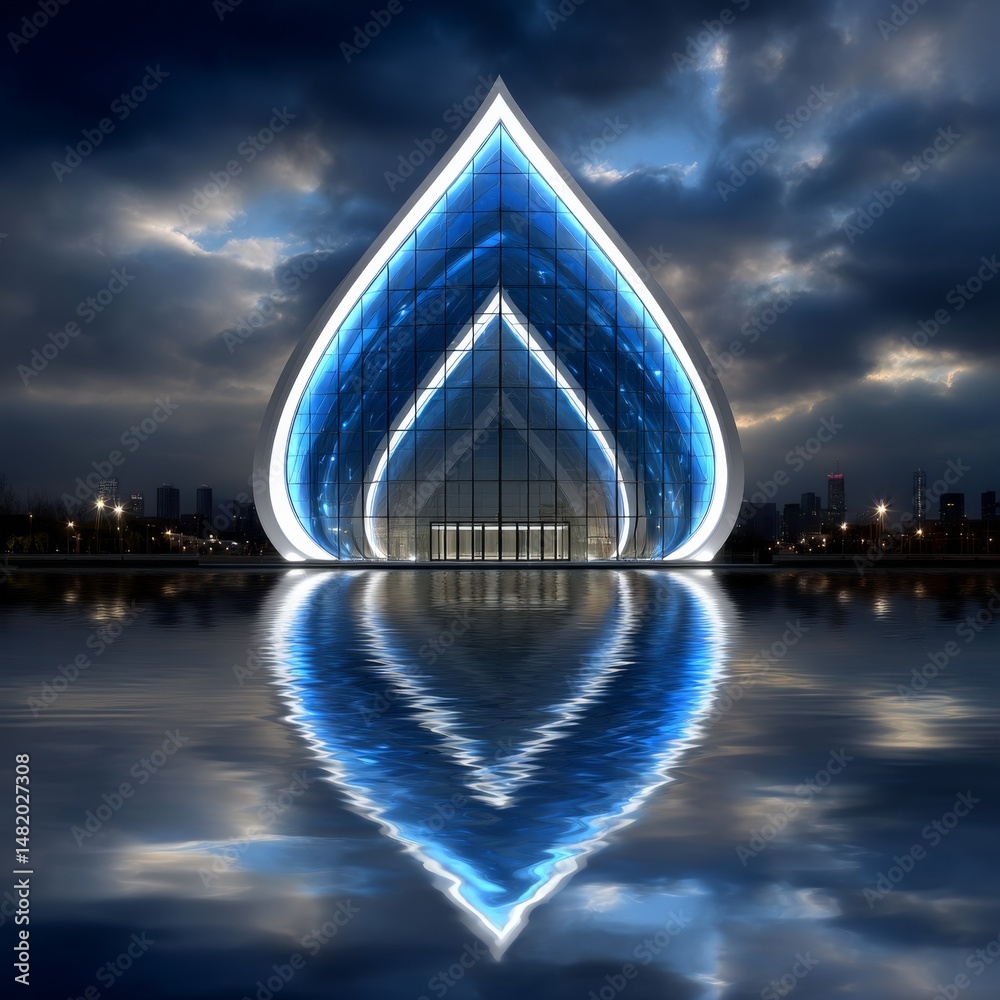 Poster futuristic architecture reflected in tranquil waters under a dramatic sky at twilight, evoking innov