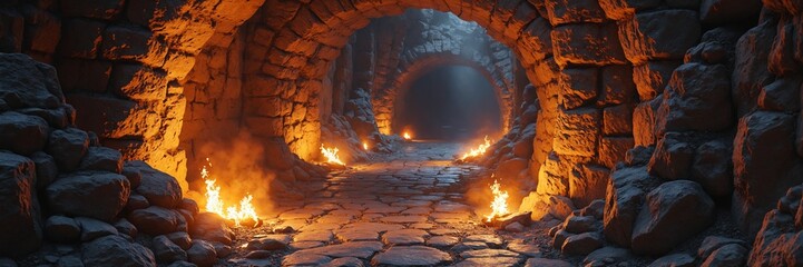 Mysterious Tunnel with Ancient Torches and Stone Pathway Ideal for Fantasy Adventure