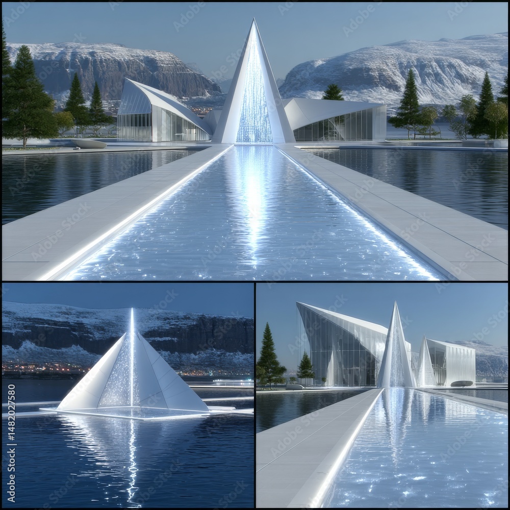 Poster futuristic modern architecture with geometric design by a lake in a snowy mountain landscape, reflec