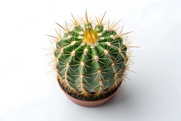 Fototapeta premium A green, prickly cactus succulent with a yellow flower grows in an isolated white pot, showcasing its sharp thorns in a close-up botanical view