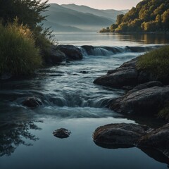 Obraz premium A mountain river flows over smooth rocks in a beautiful natural landscape