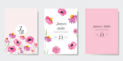 Elegant wedding invitation card background vector. Minimal hand painted watercolor botanical flowers texture template background. Design illustration for wedding, vip cover, poster, rsvp modern card.