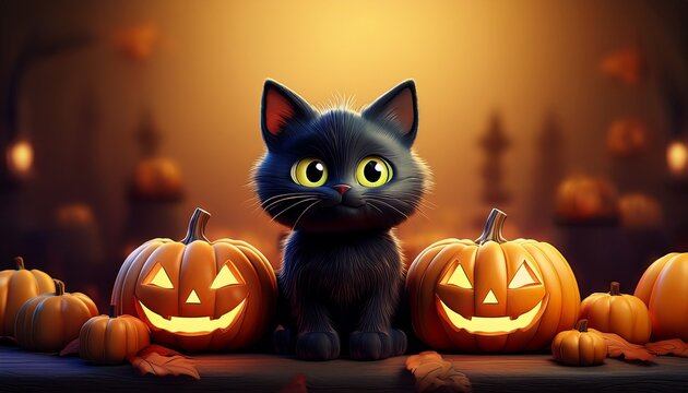 Schwarze Katze mit Halloween-K&uuml;rbissen
