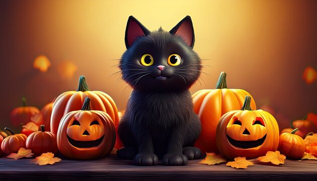 Schwarze Katze mit Halloween-K&uuml;rbissen