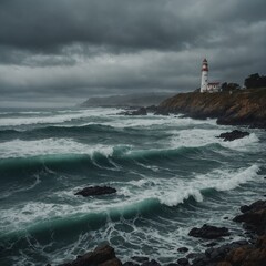 Obraz premium A white lighthouse stands as a beacon on the rocky Maine coast where the sea meets the sky