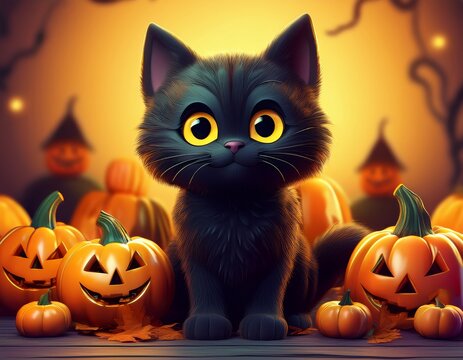 Schwarze Katze mit Halloween-K&uuml;rbissen