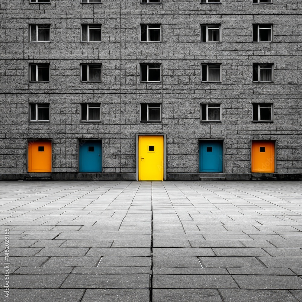 Poster grey facade: a symphony of colorful doors and windows creating visual interest and architectural har