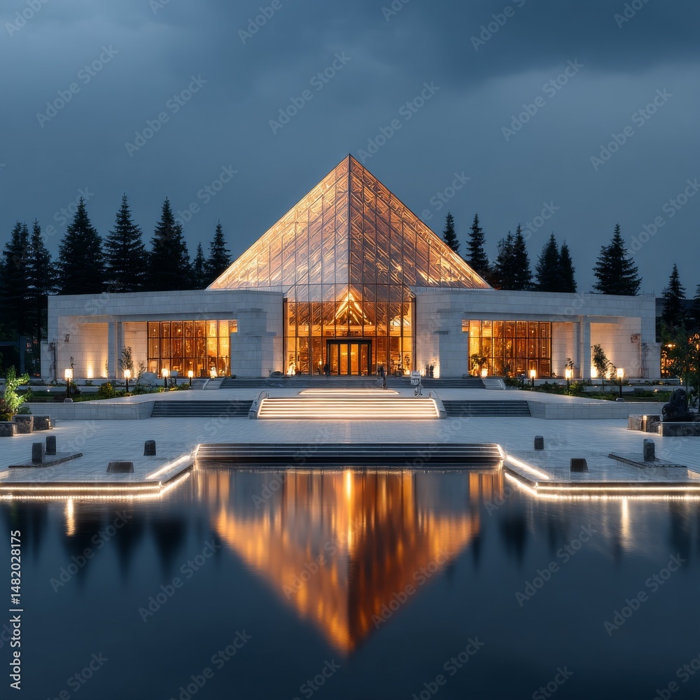 Aufkleber Illuminated Pyramid: A Stunning Architectural Reflection at Dusk, featuring a pristine building and its golden mirror image in calm water.