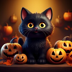 Schwarze Katze mit Halloween-Kürbissen