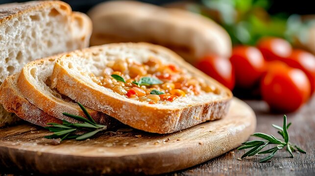 Bread Slices with Topping on Wooden Board