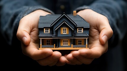A house care property real estate market concept, showing hands holding a house model.