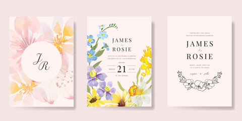 Fototapeta na wymiar Elegant wedding invitation card background vector. Minimal hand painted watercolor botanical flowers texture template background. Design illustration for wedding, vip cover, poster, rsvp modern card.