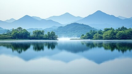 Fototapeta premium Serene lake with misty mountains. Tranquil reflection of a landscape