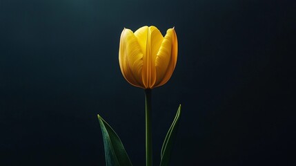 Bright yellow tulip stands gracefully against a dark background highlighting its natural beauty and elegance