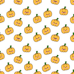 Cute Kawaii Pumpkin Seamless Pattern on White Background