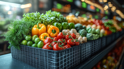 Fresh produce in a market display. Colorful vegetables and herbs are arranged attractively in plastic crates.