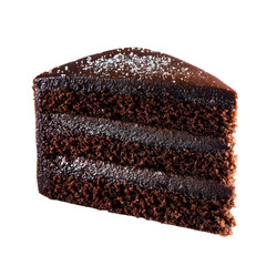 Chocolate cake slice: rich layers of moist cake with a smooth glaze and dusting of confectioners sugar.