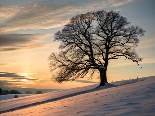 Solitary bare tree on snowy hill during vibrant winter sunset, glowing clouds and serene snowdrifts in peaceful landscape
