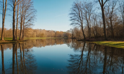 Obraz premium Serene Lake Reflection in Autumnal Park Landscape