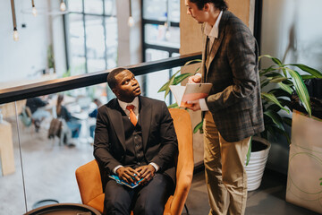 Two individuals engaging in a discussion, showcasing teamwork, collaboration, and professionalism within an office environment.