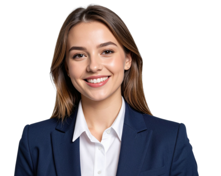 A smiling young business woman in a dark blue suit with a white shirt isolated on a transparent background