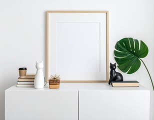 candinavian interior with white cupboard, mock up poster frame, cat figures, tropical leaf and books. Modern and minimalistic concept of space.