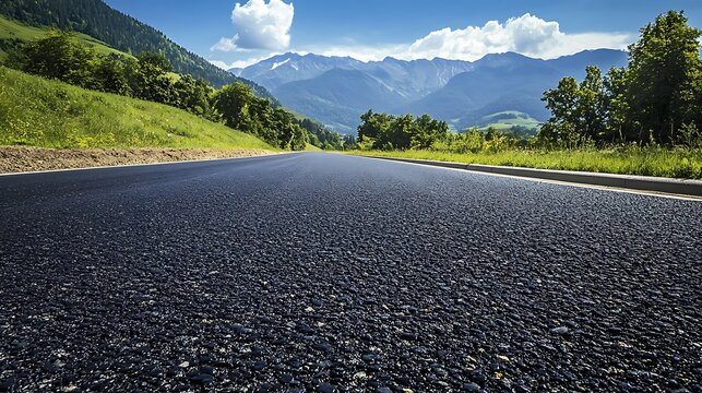 Asphalt Road Through Lush Green Landscape with Mountain Views and Bright Blue Sky
