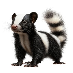 Fototapeta premium Striped skunk black white fur cute face fluffy tail dark background studio on transparent background