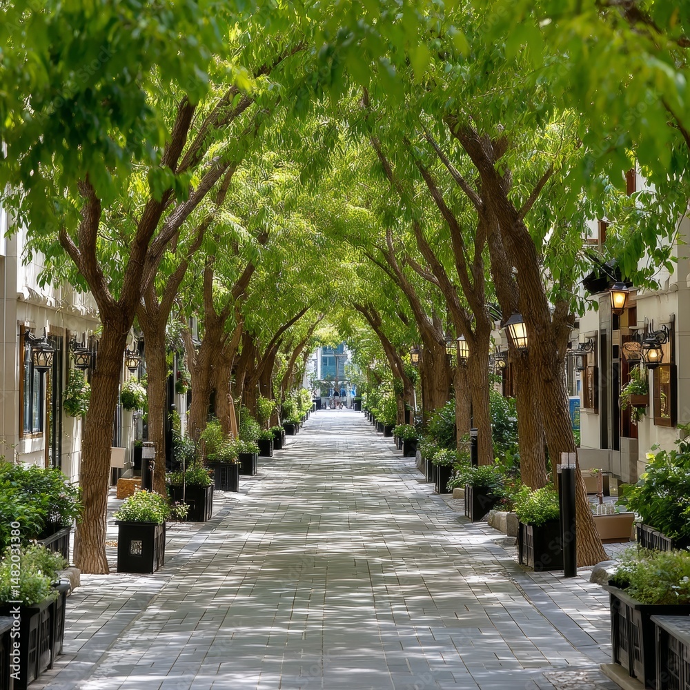 Poster tree-lined pathway: a tranquil urban oasis of interlocking branches forming a verdant canopy above a