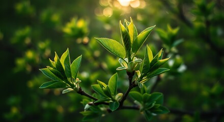 Obraz premium New Leaf Growth in Spring Sunlight with Bokeh Background
